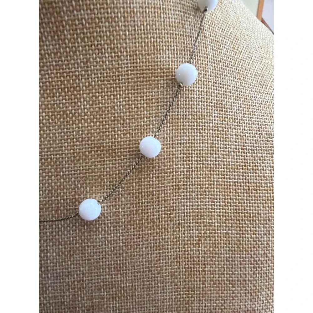 White Round Bead Gold Tone Station Necklace Minimalist Layering Bridal